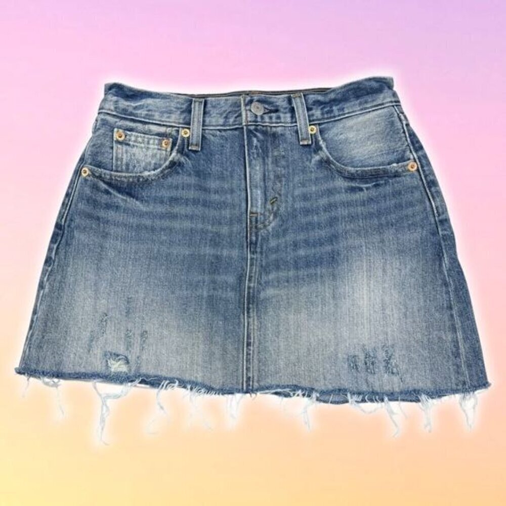 LEVI'S Distressed Cut-Off Denim Mini Skirt Sz 25 Blue Yellow Wash